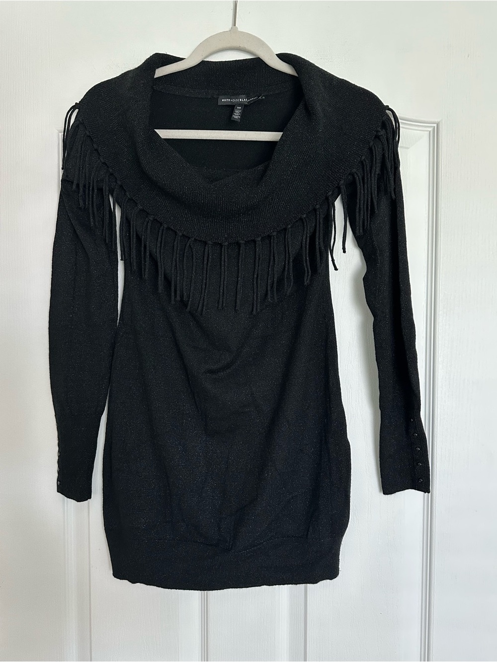 White House Black Market Brand New Black Shimmer Cowl Neck Fringe Sweater